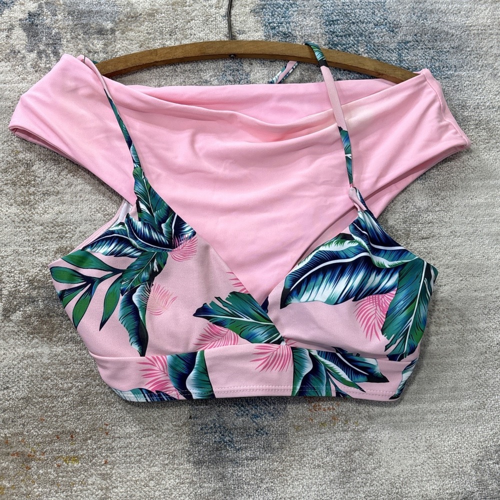 Womens Large Pink Tropical Leaf Bikini Set High Waist Retro Resort Swimwear